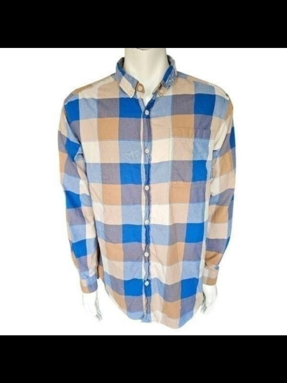 Columbia Mens L Button Down Shirt Plaid Long Sleeve Casual Cotton Blue Tan